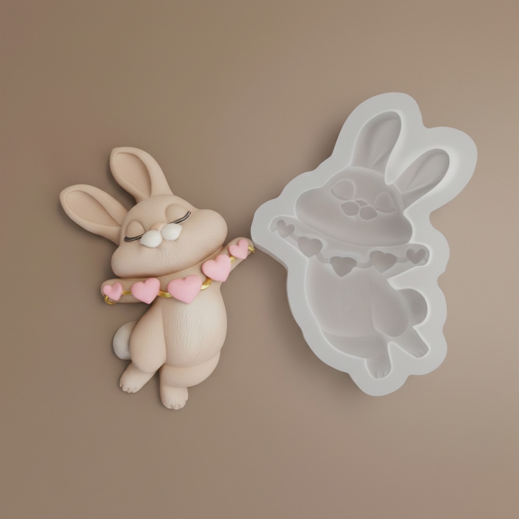 Triušis su širdelių girlianda